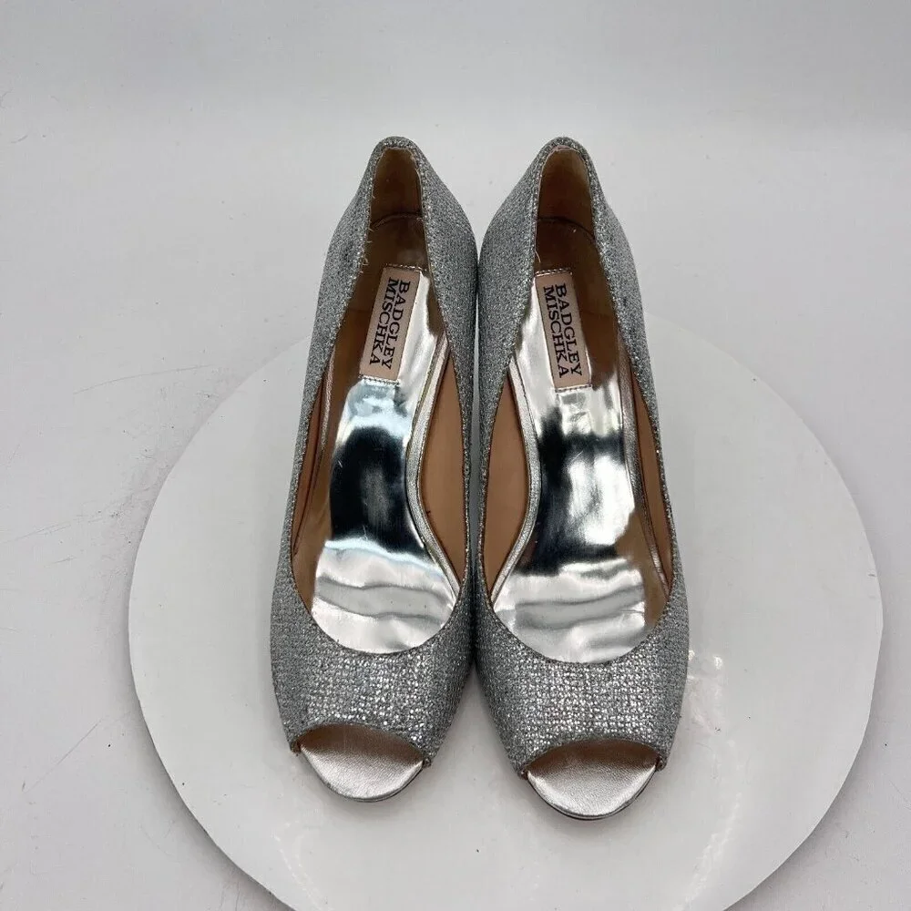 Badgley Mischka Women Size 9 Metallic Silver Glitter Open Toe Wedges Shoes